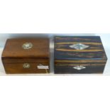 Two mother of pearl inlaid boxes, H.13 W.30 D.32cm; H.15 W.27 D.20cm (2)
