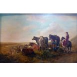 A 19th century oil on canvas, figures with cattle in landscape scene, 46 x 73cm