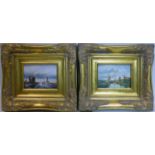 A pair of gilt framed oils on panel, signed and in gilt frames, 11 x 17cm