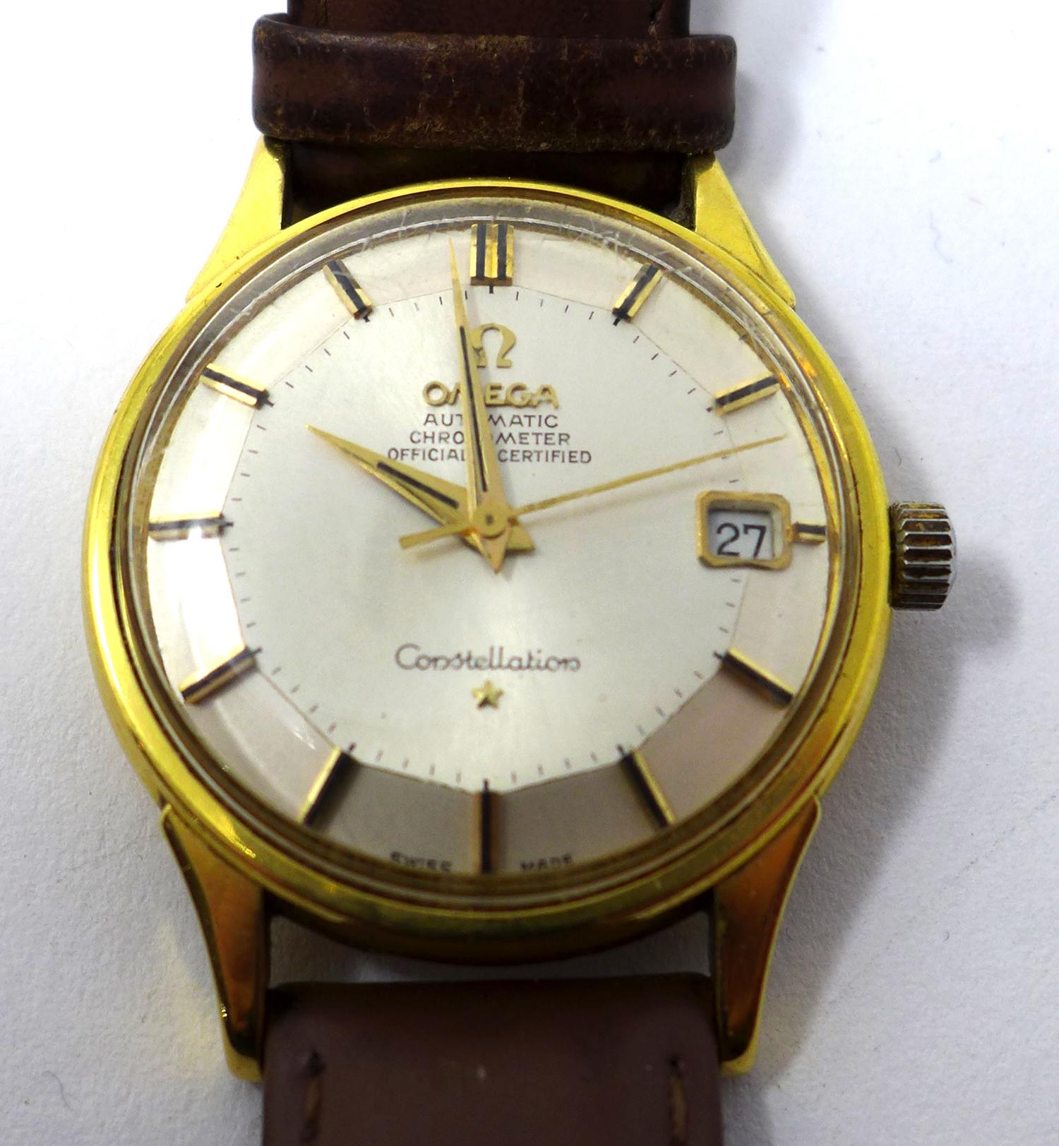 An Omega Constellation gold plated gentleman's automatic chronometer, silvered dial with baton