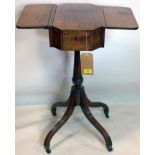 A Regency inlaid mahogany drop leaf work table, stamped 'ly A.Kaye' to base, raised on pillar