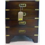 A campaign style brass bound side chest of four drawers, raised on bracket feet, H.60 W.42 D.30cm