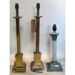 A pair of brass table lamps, H.61cm together with a Corinthian column lamp, H.43cm