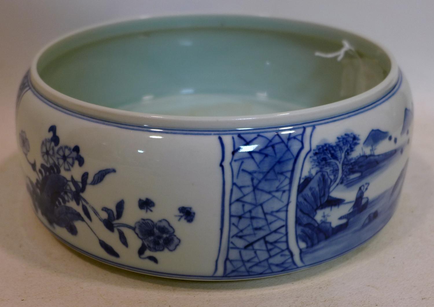 A Chinese, hand-painted blue and white porcelain brush washer decorated to the outside with 2 - Image 2 of 3