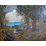 A large early 20th century oil on board, romantic woodland scene, signed P. Mattig and dated 1932,