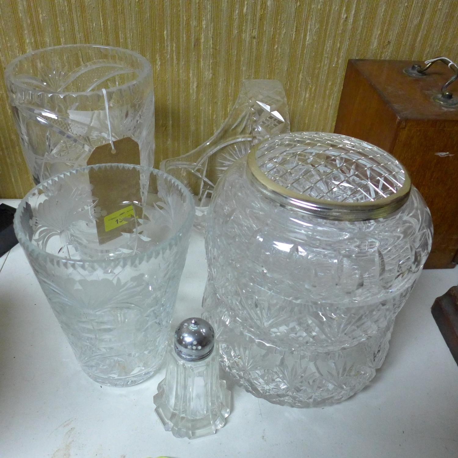 A collection of 20th century crystal to include 2 vases, 2 bowls, basket and flower pot