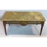 A French walnut coffee table with onyx top, H.46 W.100 D.50cm