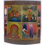 A large quadripartite Russian icon depicting the Archangel Michael, St Sophia the Wisdom of God, the