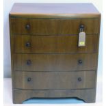 An early 20th century walnut bow front chest of drawers, H.84 W.76 D.47cm