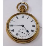 An Omega gold plated open face pocket watch, white enamel dial with Roman numerals, seconds