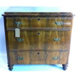 A 19th century Continental walnut chest of three drawers, raised on turned legs, H.91 W.95 D.49cm