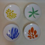 4 Bernardaud, France, porcelain plates in the 'Rivage' pattern in yellow, blue, orange and green