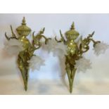 WITHDRAWN-A pair of 18th century style ormolu wall lights, with floral glass shades