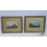 A pair of early 20th century oil on boards depicting lakescapes with mountains to background, in