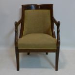 A French, Empire style swan chair with a mahogany frame and beige woven upholstery, 86 x 56cm