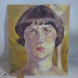 An oil on board of a portrait of a lady with a bob haircut on a yellow ground, unsigned, 61 x 51cm
