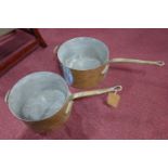 Two large vintage copper pots, Diameter 36cm; Diameter 33.5cm