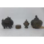 A Japanese bronze incense burner in the form of a dog of Fo, with pierced lid, H.10cm, together with
