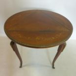 A 19th century mahogany and satinwood inlaid folding center table on 3 cabriole legs, H: 76cm Dia: