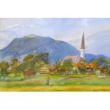 20th century Continental school, A Church in a mountainous landscape, watercolour, signed Edmund