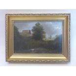 An oil on board of Ducks in a pond with fisherman and cottage to background, in gilt frame, 16 x