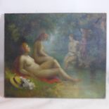 L. Edwards, oil on canvas of nude ladies lounging in a woodland setting, 1920, 64 x 77cm, signed
