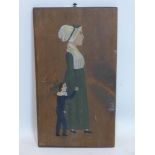 A hand-painted wooden panel depicting a woman and son in 19th century dress, unsigned, 51 x 29cm