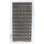 An antique French wooden wine rack with compartments for 60 bottles, 148 x 70 x 5.5cm