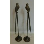 A pair of bronzed birds on stands raised on spreading bases, H.84cm