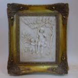 A plaque depicting Classical scene of a young girl and putto in a forest, in gilt frame, 24 x 19cm