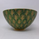 A large hand-painted porcelain bowl by Fortuny, Venice, (L'objet Range) in green and gold to the