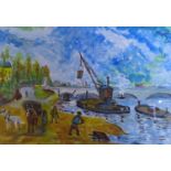 A 20th century harbour scene, oil on paper, 28 x 40cm
