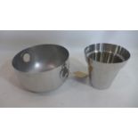 2 Christofle items: 1 large stainless steel bowl 14 x 24cm and a stainless steel plant pot, 16 x
