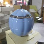 A boxed Legle Limgoes porcelain lidded sugar pot in the form of a gourd in pale blue and platinum,