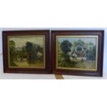 A pair of 20th century naive country scenes, oil on board, in oak frames, 26 x 31cm