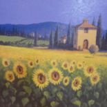 A gilt-framed oil on board of Tuscan sunflower fields and dwelling, unsigned, 48 x 48cm