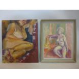 Two nude oil studies, comprising 1 framed oil on canvas of a seated nude, 49 x 39cm, and an oil on
