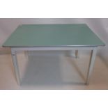 A mid 20th century table with Formica top, on white painted base with splayed legs, H.76 W.122 D.