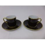 Legle Limoges bronze and gold-rimmed porcelain collection: 2 Expresso cups and 2 saucers