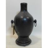 A large Chinese bronzed vase converted to a lamp with twin handles and on a fitted hardwood base, H:
