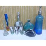 An antique Roman glass vase together with an Art Deco style glass decanter and six shot glasses