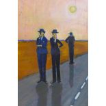 An oil on paper of three men on a desert road, framed, 96 x 64cm