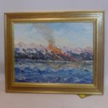 A gilt framed oil on board depicting an impasto study of an erupting volcano entitled, The Face of