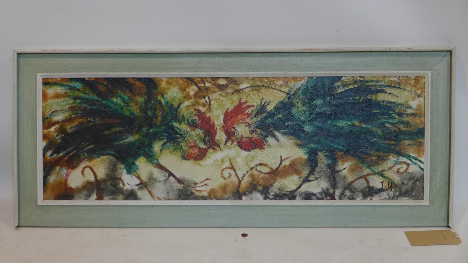 Jacqui Newman, A framed oil on board of two fighting cocks, signed J.N lower right, 29 x 89cm