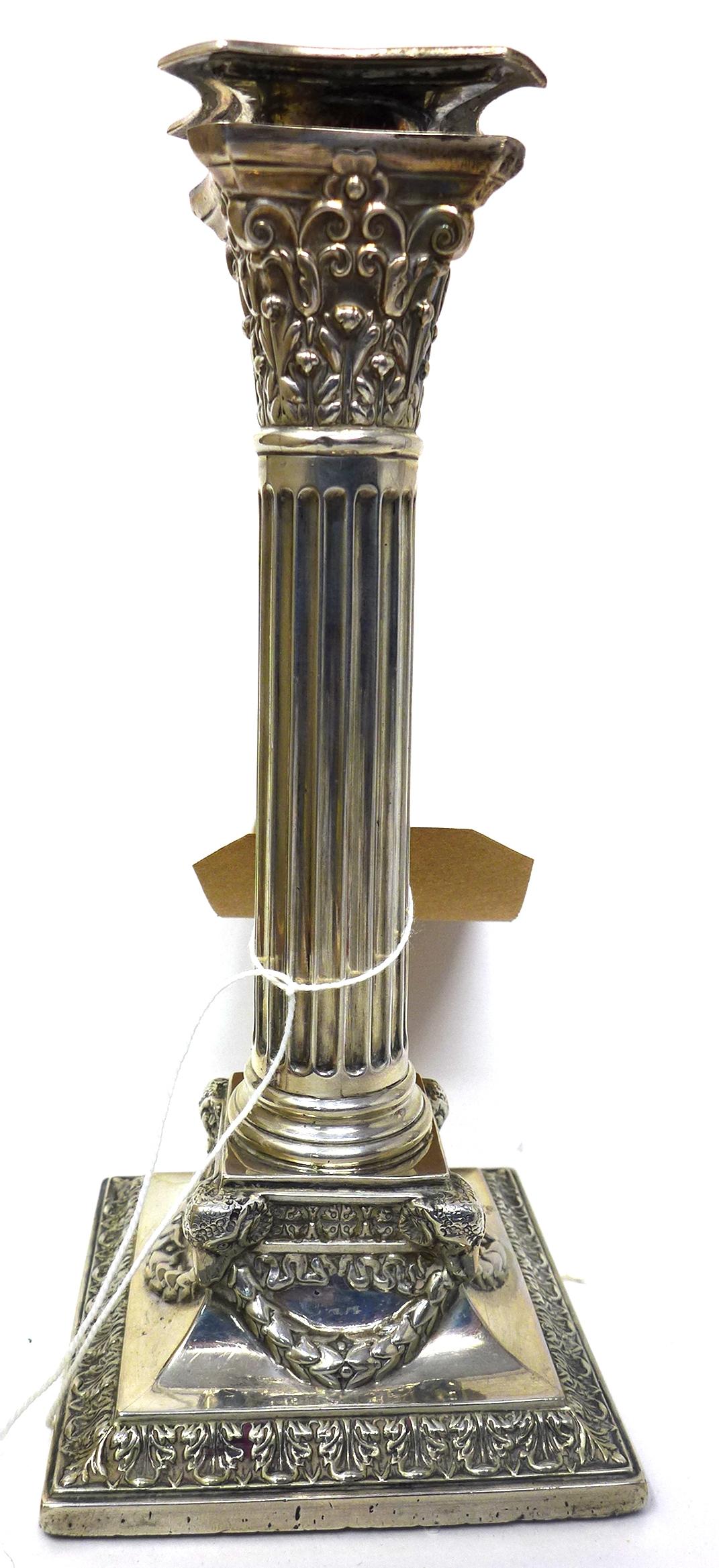 A late Victorian filled silver Corinthian column candlestick, by Martin, Hall & Co. (Richard