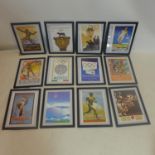 A set of 12 framed and glazed colour Olympic advertising posters dating from 1912-1972, 34.5 x 24.