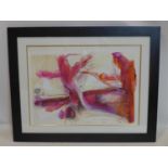 A large framed and glazed abstract oil and acrylic on cartridge paper in shades of orange, deep pink