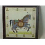 A Persian miniature painting on silk of a horse, within floral border, framed and glazed, 29 x 29cm