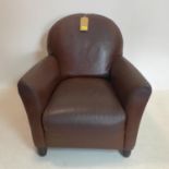 A chestnut-brown leather armchair on wooden bun feet, H: 81 x W: 78 x D: 82cm