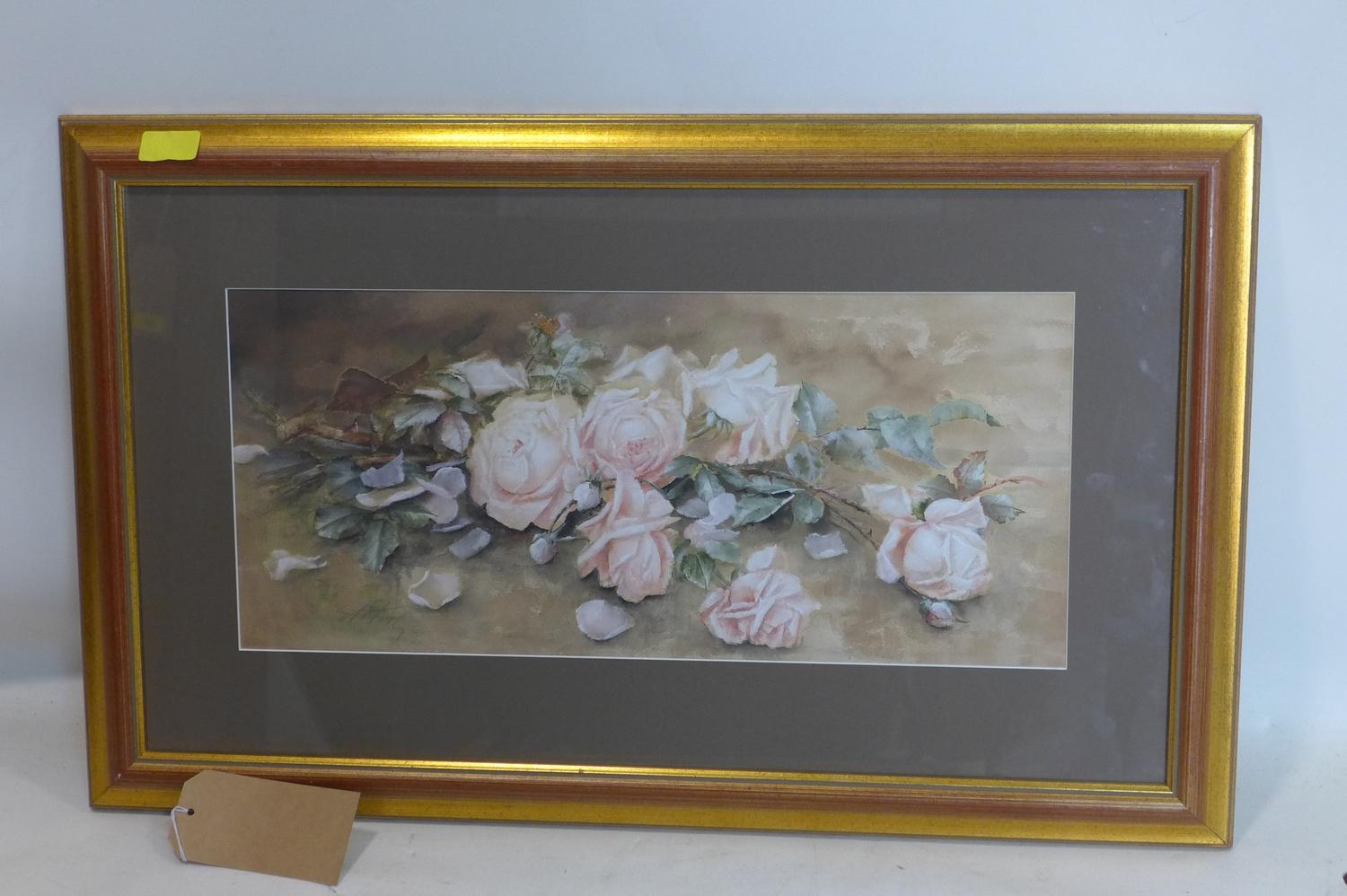 A watercolour of a still life of roses, indistinctly signed to lower left, in glazed giltwood frame,